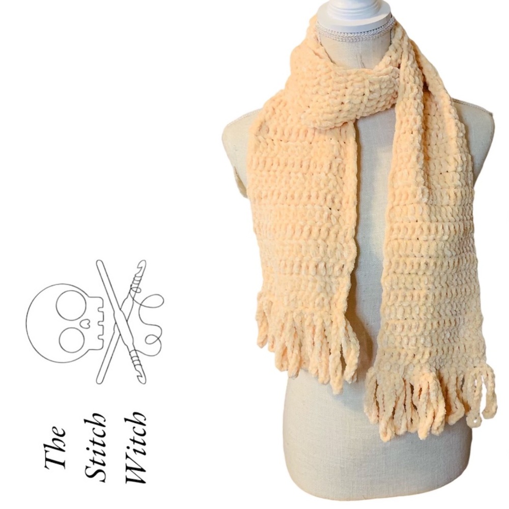Peach Plush Crocheted Chenille Fringe Scarf